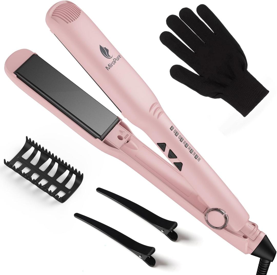 MiroPure 1.5 Inch Flat Iron, 2 in 1 Hair Straightener and Curler, 30s Fast Heating Hair Straightener with 3D Ceramic Floating Plates, 60min Auto Shut-Off, Dual Voltage for Travel (300-450F)