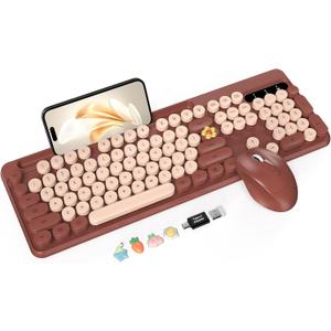 Wireless Keyboard and Mouse Combo, Retro Round Keycaps, Full-Size Cute Typewriter Keyboard with Large Phone/Tablet Holder, Auto-Sleep, 2.4GHz Cordless Connection for Windows/PC/Laptop 