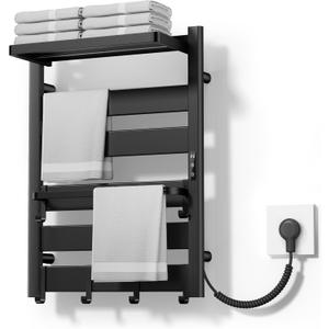 6-Bar Wall Mounted Heated Towel Rack, 170°F Heating Black | Bathroom Towel Warmer with Top Shelf, Memory Function, Adjustable 110–170°F Temperature, 2–12H Timer, Space Saving Design