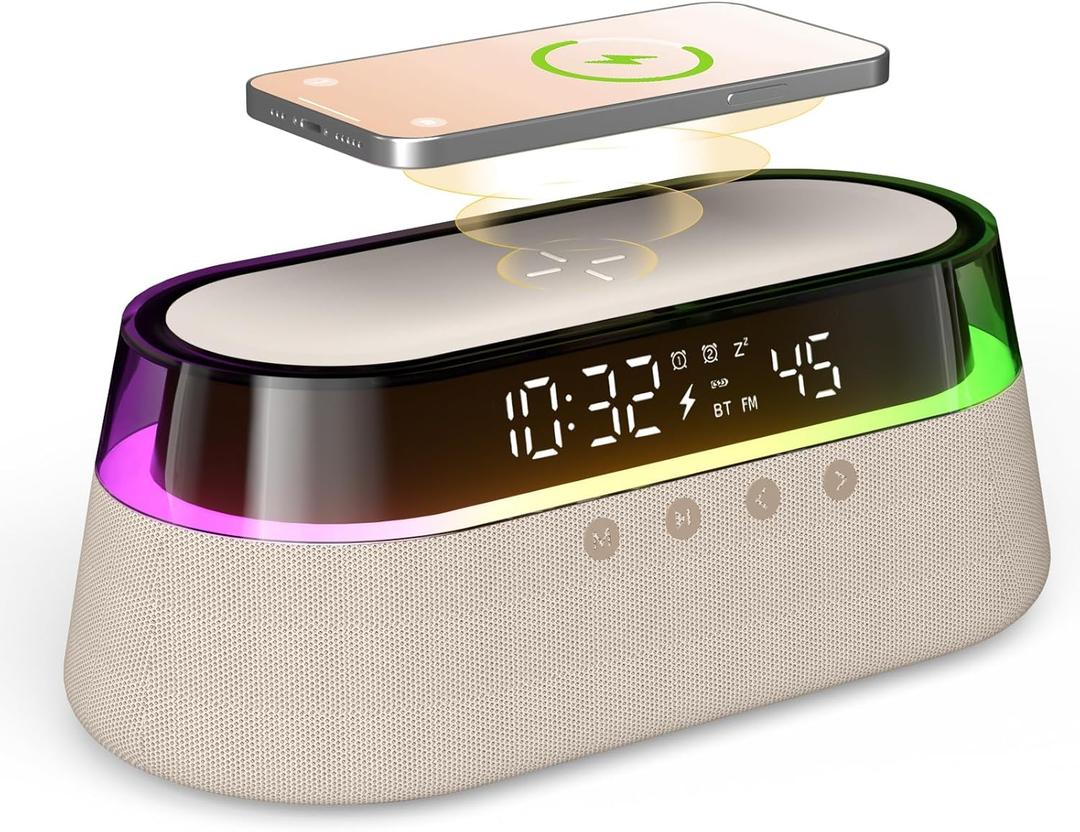 EZVALO 6 in 1 Digital Alarm Clock,Bedside Clock Radio with Fast Wireless Charging 15W, Bluetooth Speaker,Dual Alarm for Heavy Sleepers,FM Radio,12/24H&Snooze,USB Charger,Countdown Timer,RGB Mode (Beige)