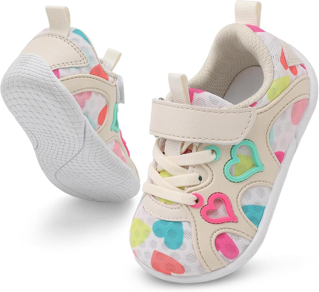 JIASUQI Toddler Shoes for Baby Girls Sneakers Barefoot Walking Shoes Running Tennis Shoes (9-9.5 Toddler, Beige Heart)