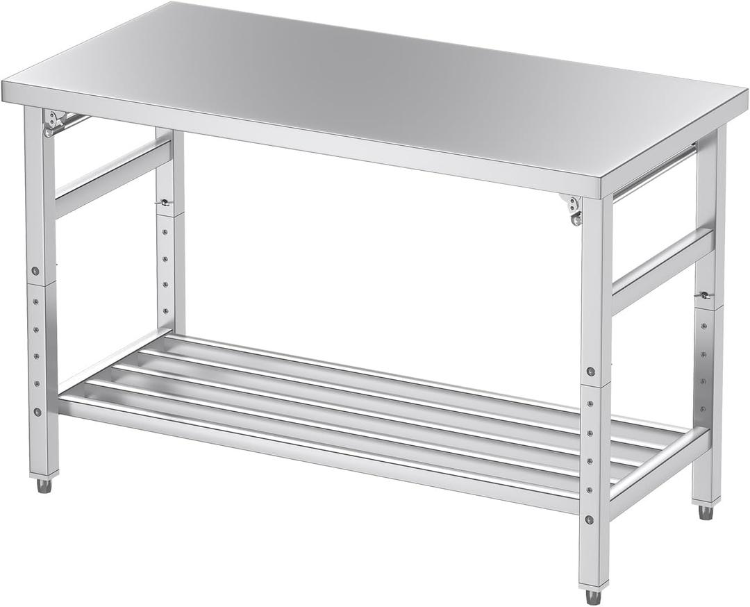 Commercial Foldable Heavy Duty Stainless Steel Table, 36 x 24 Inches Metal Prep & Work Desk with Adjustable UnderShelf and Feet for Kitchen Restaurant Home Garage Warehouse