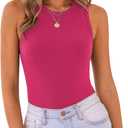 MISSJOY Women's Basic Sleeveless Racer Back Halter Neck Ribbed Bodysuit Tank Tops (Medium)