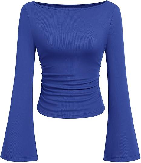 PRETTYGARDEN Womens Long Sleeve Shirts 2026 Spring Crop Going Out Tops Casual Boat Neck Bell Sleeve Ribbed Ruched Y2K Clothes (Small, Royal Blue)