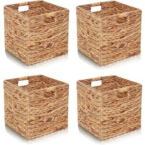 Water Hyacinth Storage Baskets,Woven Bins for Bathroom, Bedroom, Laundry, Pantry, Shelves,Set of 4 Foldable Cube Organizers,11.2"x11.2"x11.2"