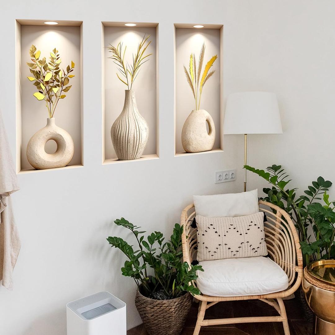 3D Vase Gold Leaf Wall Stickers, 3 Sheets Faux Vase Plant Wall Decals Peel and Stick for Modern Living Room Bedroom Office Home Decor (Gold Plant)