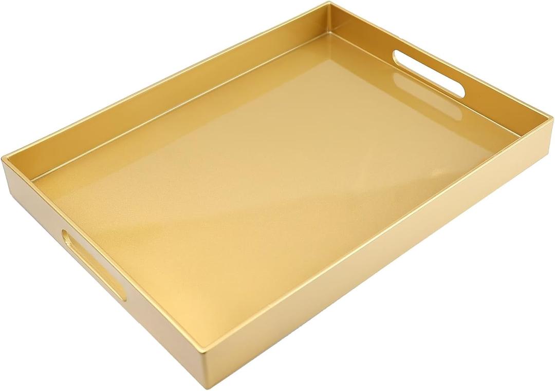 Spsyrine Gold Plastic Serving Tray for Ottoman, Coffee Table, Rectangle Decorative Tray for Entertaining, Outdoor, Living Room, Home Decor (11.8" x 15.7" x 1.6")