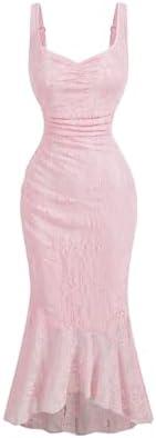 GORGLITTER Women's Lace Bodycon Fishtail Midi Dress Graduation Prom Wedding Guest Y2K Ruched Asymmetrical Summer Dress, Large