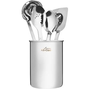 All-Clad 5-Piece Stainless Steel Kitchen Utensil Set Includes Ladle, Solid Spoon, Slotted Spoon, Turner & Storage Caddy Heavy-Gauge, Ergonomic, Dishwasher Safe, Silver