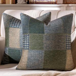 AmHoo Set of 2 Throw Pillow Covers Woolen Patchwork Checkered Farmhouse Decorative Square Pillows Cover Pillowcase for Sofa Couch Bed 20 x 20-Inch Blue
