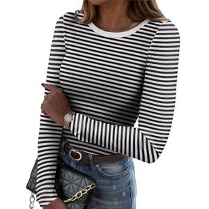 Zeagoo Womens Striped Long Sleeve Crewneck Shirts Casual Slim Fit Rib Knit Tops Summer Fall Basic Business Work Blouse, Small