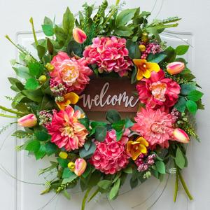 Summer Wreaths for Front Door Outside  24 Inch Artificial Spring Floral Wreath with Welcome Sign, Pink Dahlia Peony Hydrangea Tulips Flower and Greenery for Wall,Porch,Farmhouse,Home Dcor