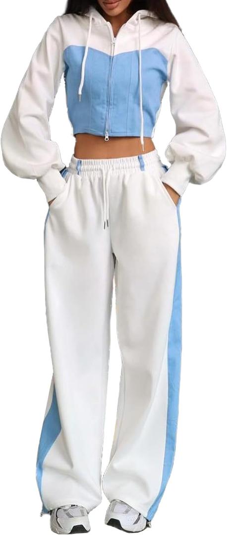Women's 2 Piece Outfits Lounge Sweatsuits Denim Patchwork Zip Up Crop Hoodie Baggy Jogger Pant Tracksuit Sets (White)