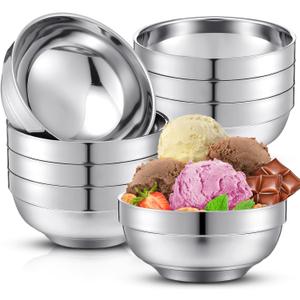 8 Pack 28 oz Stainless Steel Bowls Double Walled Insulated Ice Cream Bowls for Serving Soup Rice Cereal (Platinum Style)
