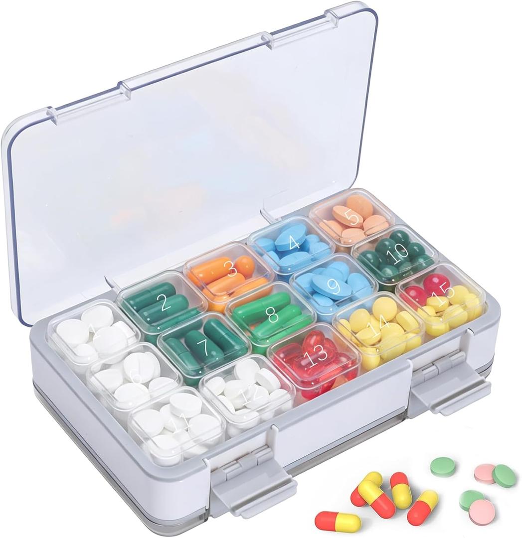 30 Day Pill Organizer, Monthly Medicine Box with 30 Compartments, Squeeze to Open, Large Portable Pill Case for Vitamins/Pills, BPA-Free (White)