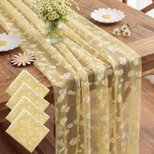 4 Pcs Yellow Daisy Table Runners 29 x 70 Inch Daisy Tulle Lace Table Runner Spring Floral Dining Tablecover for Boho Wedding Birthday Baby Shower Spring Easter Party Home Kitchen Decor