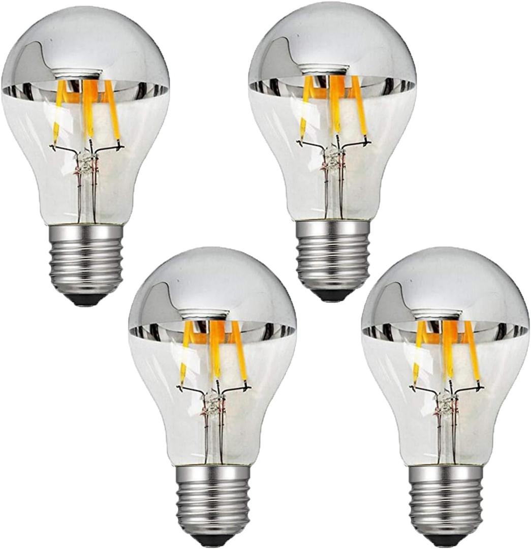 CTKcom 4-Pack A19 Half Chrome Light Bulb 4W Dimmable, E26 Base Natural Light 4000K 40W Equivalent 320lm AC110V, E26 Base Decorative Silver Mirror LED Edison Bulb for Indoor Living Room