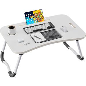 Folding Lap Desk, 23.6 Inch Wood Laptop Bed Desk with Cup Holder, Portable Bed Table for Working Writing Reading, Eating for Bed, Floor, Sofa, Couch - White