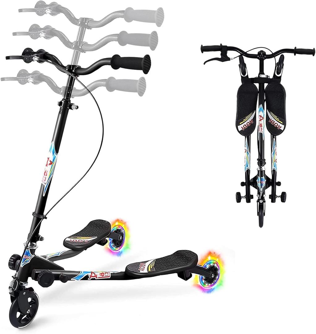 Swing Scooter for Kids, 3 Wheels Foldable Wiggle Kick Scooter Push Drifting with 4 Adjustable Handlebar & 2 Rear LED Wheel for Boys and Girls Ages 3-8 (Black)