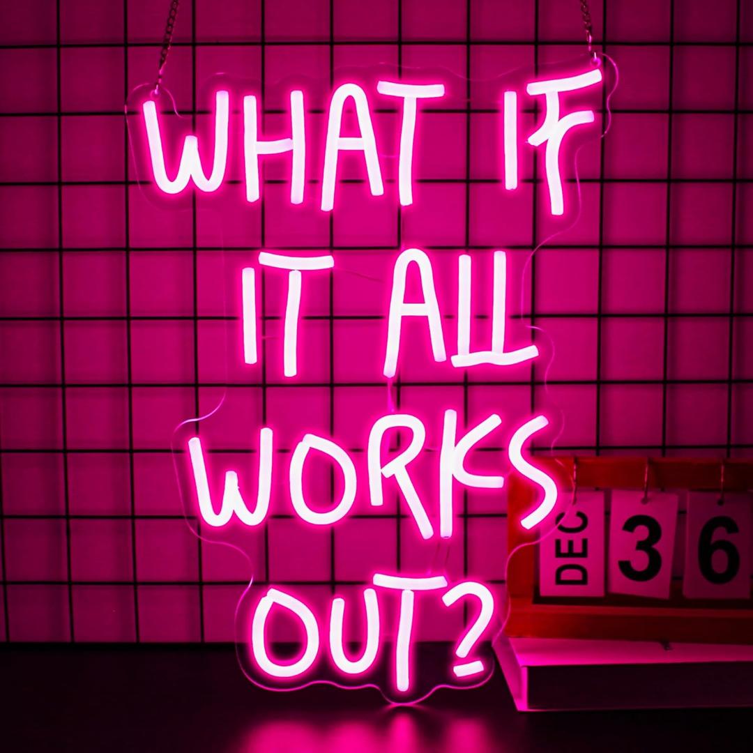 Neon Sign, What If It All Works Out Neon Signs for Wall Decor - Pink Motivational LED Light for Home, Office, Room - USB Powered Light Up Sign Decorations