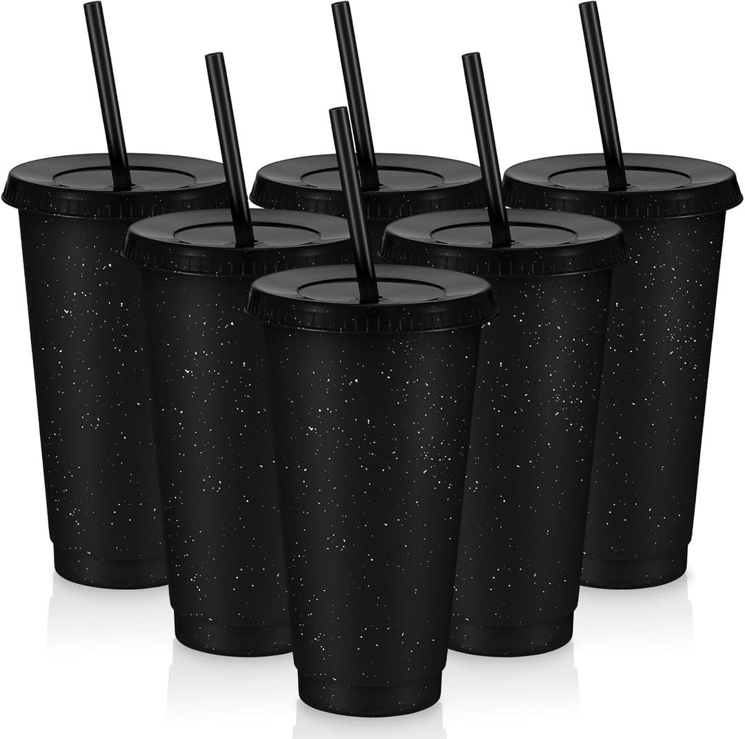 Uiifan 6 Pcs 24 oz Reusable Tumbler with Lids and Straws Plastic Iced Coffee Tumbler Glitter Travel Mug Cup for Smoothie Juices Birthday Party Cold Drink Coffee Cup Bulk for Adult Kid Women (Black)