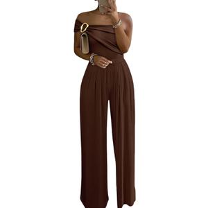 CHICME Womens Sleeveless Jumpsuit One Shoulder Ruched Romper Casual Fall Buckle Decor Wide Leg Jumpsuits Brown-S