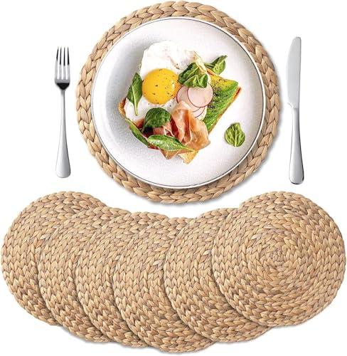 YANGQIHOME 4 Pack, Round Woven Placemats, Natural Water Hyacinth Wicker Place mats, Braided Straw Table Mats, Charger Plates for Dining Table, Fall, Thanksgiving, Christmas (11.8 inch)