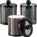 3 Pack Qtip Dispenser Apothecary Jars Bathroom with Labels- Black Plastic Qtip Holder Storage Set for Cotton Ball,Cotton Swab,Cotton Rounds,Floss Picks, Hair ClipsHair Ties