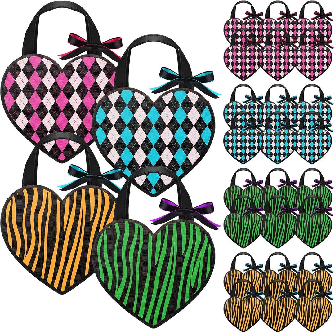 24 Pcs Monster Party School Heart Shaped Gift Bags Bulk Reusable Non Woven Hearts Goodie Tote Bags with Handles for Monster Party School Exchange Candy Treat Favors Supplies Decorations(Heart)