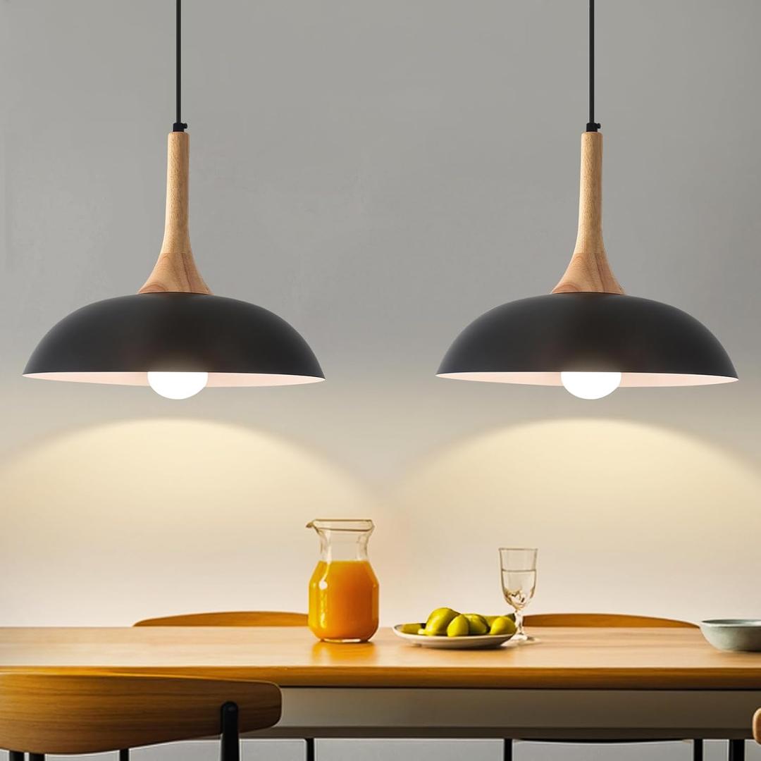 Black Pendant Lights Kitchen Island,2 Pack Modern Pendant Light with Wood Cap, 13.8 inch Dome Pendant Light for Kitchen, Dining Room, Living Room