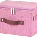 Storage Bins with Zipper Lid Cotton Linen Fabric Lidded Storage Baskets Boxes Foldable Washable Closet Shelf Clothes Organizer Container with PU Leather Handles (Pink, Small)