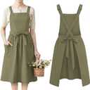 100% Cotton Aprons with Pockets Pinafore Dress for Women Vintage Cute Aprons for Kitchen Baking Gardening Painting (Khaki Green)