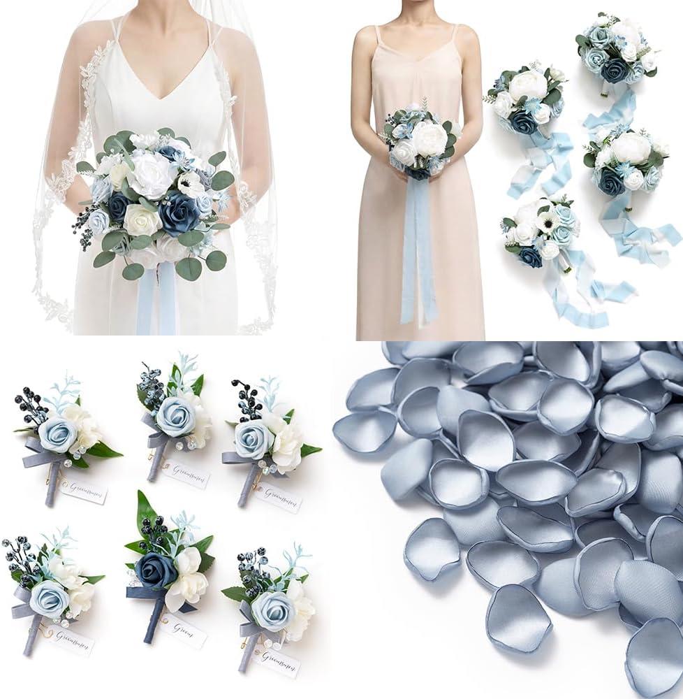 Ling's moment Wedding Artificial Flowers Package, Bridal Bouquet, Bridesmaid Bouquets, Boutonniere for Men, Rose Petals