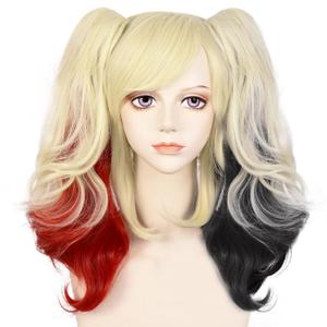 JoneTing Blonde Cosplay Wig Red Ombre Black Synthetic Wig with Ponytails for Anime Cospaly Women Rubio Rojo Ombre Negro Short Wavy Wigs for Halloween Long Dress Up Wig for Cosplay Costume