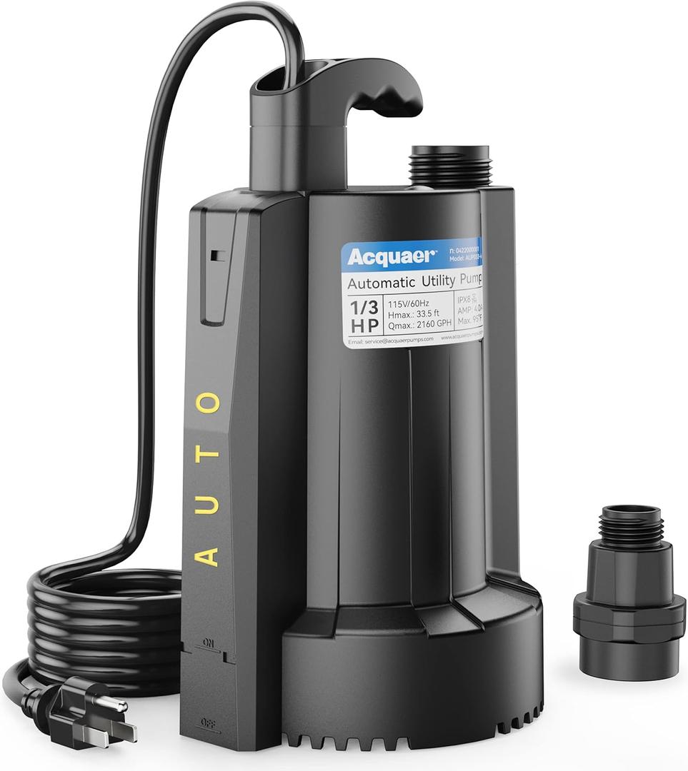 Acquaer 1/3 HP Automatic Submersible Water Sump Pump, 115V with 3/4 Garden Hose Check Valve Adapter,2160 GPH High Flow Water Removal for Swimming Pool Cover Hot Tubs Flooded House Basement