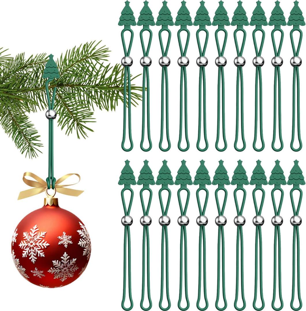 Christmas Ornament Hooks Green Tree Hanger - 20 PCS Reusable Silicone Clips, Cable Ties, Cord Organizers for Holiday Decorations Storage, Elastic Stretchable