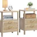 Nightstands Set of 2 - Rattan Night Stand Bedside Table with 2 Rattan Drawers, Open Storage Shelf, Farmhouse Wood Bed Side Tables End Table for Bedroom Living Room, Natural