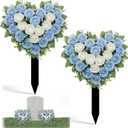 Frienda 2 Sets Artificial Cemetery Flowers Grave Stake Memorial Day Metal Gravesite Markers for Mom Dad, Outdoor Grave Spring Decorations(Heart,Blue,White)