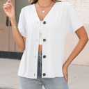 ORANDESIGNE Women's Short Sleeve V Neck Tops Casual Button Down Summer T Shirts Basic Ladies Tees (White, XL)