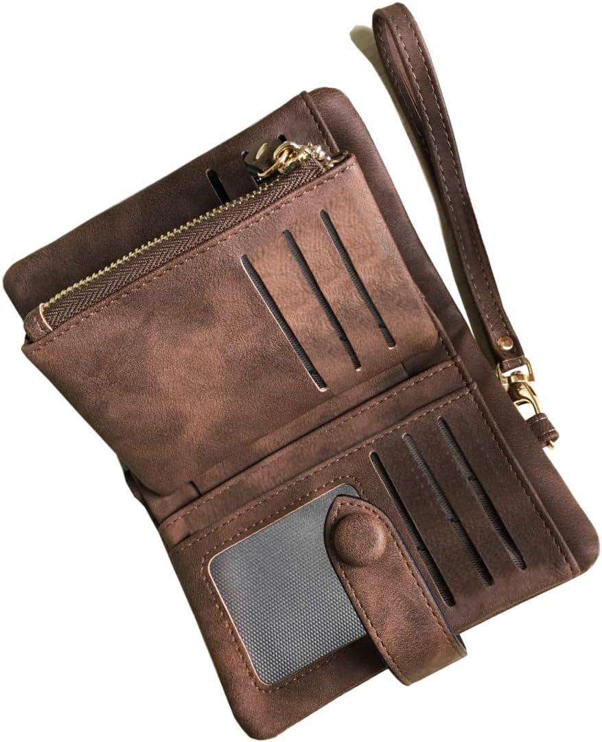AOXONEL Women's Small Bifold Leather wallet Rfid blocking Ladies Wristlet with Card holder id window Coin Purse (Brown)