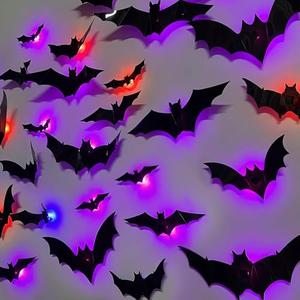 2025 New Halloween 3D Lighted Bats, LED Purple Lighted 3D Bats Halloween Decoration, Upgrade LED Glowing Bat Group Hanging Wall Luminous Glow Clings Multipack (30Pcs Black)