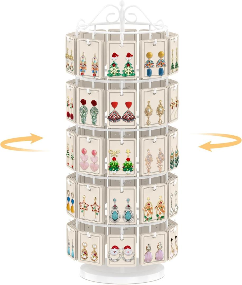 EsLuker.ly Earring Holder Organizer Rotating Display Tree Stand, Adjustable Height Earring Card Hanger Rack with 50 Hooks for Vendors Market Selling, 5 Tier Metal Jewelry Storage Tower, White