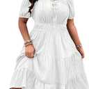 Floerns Women's Plus Size Tie Front Square Neck Puff Sleeve Ruffle Hem Midi Dress (Pink, XS)