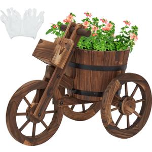 kinbor Outdoor Planters - Rustic Barrel Planter, Wooden Wagon Tricycle Planters for Outdoor Plants