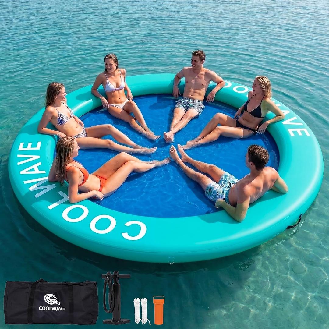 COOLWAVE Inflatable Water Hammock, Round Floating Dock for Adults | Heavy-duty water hammock float with cooling mesh center, Floating hammock for lake pool parties, Pet Friendly, Boat accessory, 12 ft