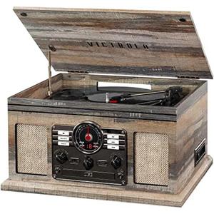 Victrola The Quincy 6-in-1 Bluetooth Record Player & Multimedia Center with Built-in Speakers 3-Speed Turntable, CD & Cassette Player, FM Radio, Wireless Music Streaming (Farmhouse Shiplap Grey)