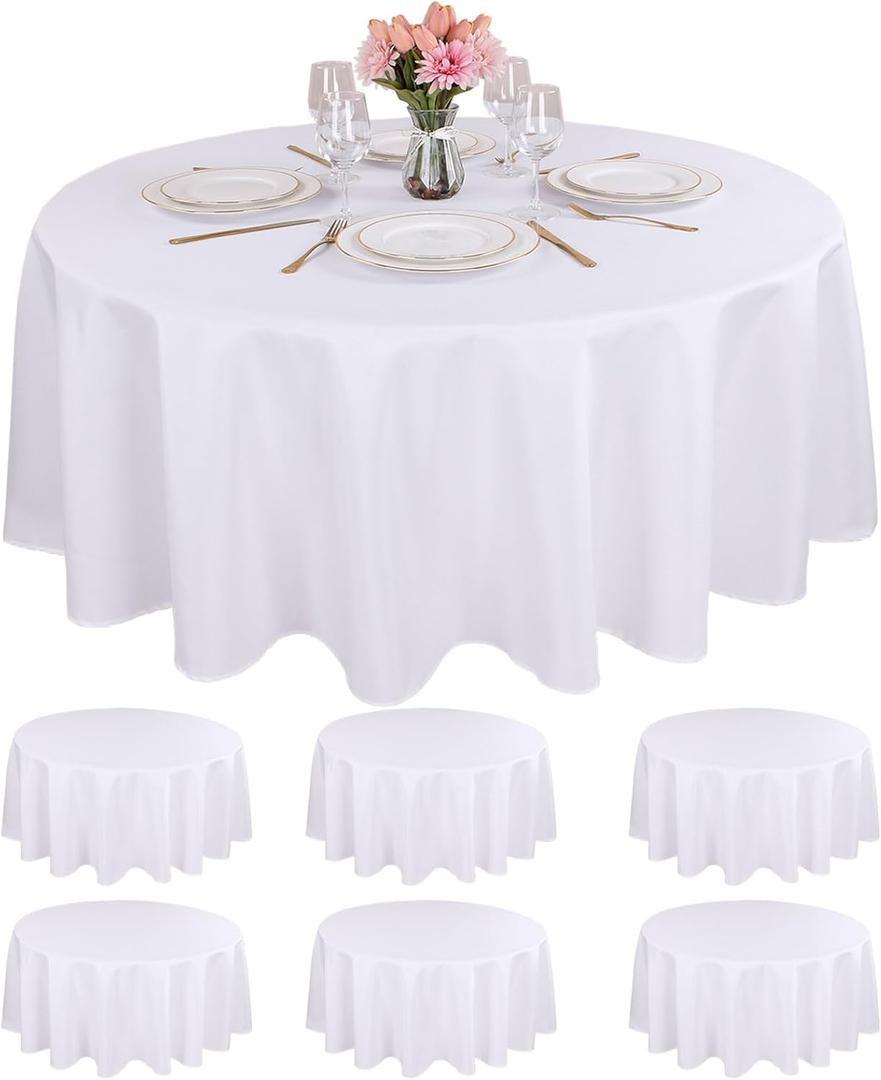 Kesfey 6 Packs Round Tablecloth 108 Inches White Polyester Table Cloths Stain and Wrinkle Resistant Tablecloths for Round Tables Washable Circle Fabric Tablecovers for Wedding Camping Banquet Parties