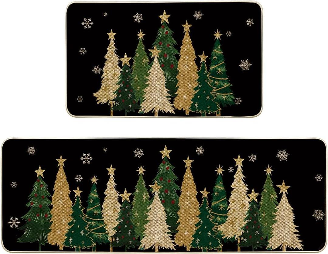 Artoid Mode Black Snowflakes Xmas Trees Christmas Kitchen Mats Set of 2, Winter Low-Profile Home Decor Kitchen Rugs for Floor - 17x29 and 17x47 Inch