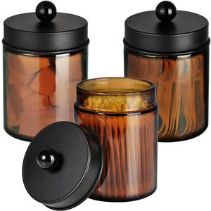 Amber Glass Qtip Holder, Apothecary Jar,Qtip Dispenser with Metal Lid & Stickers- 3Pack Containers,Vanity Canister Organizer Storage,Bathroom Accessories Set for Cotton Swab, Ball, Pad, Floss