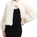 GRAN ORIENTE Women Burgundy Shaggy Cropped Jacket Coats,2025 Winter Fluffy Faux Fur Warm Long Sleeve Outerwear